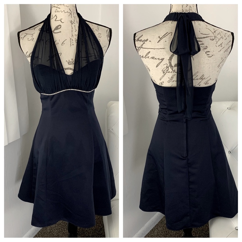 Roberta Bridal Navy Halter Cocktail Dress with Sheer Bodice and Pearl Trim